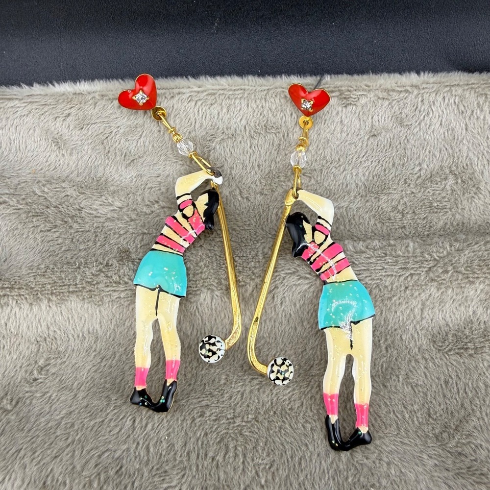 Vintage Lunch at The Ritz Woman‎ Golfer Earrings Pierced Enamel